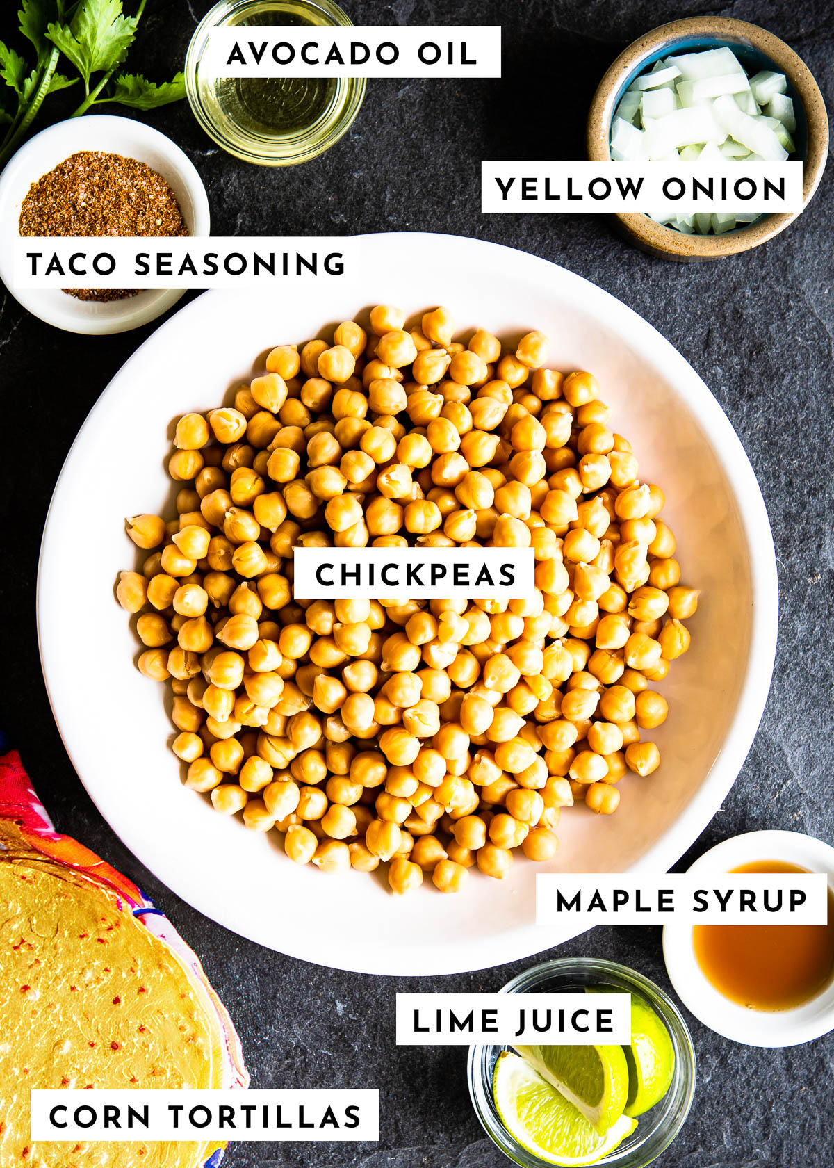 Labeled ingredients for making crispy chickpea tacos.