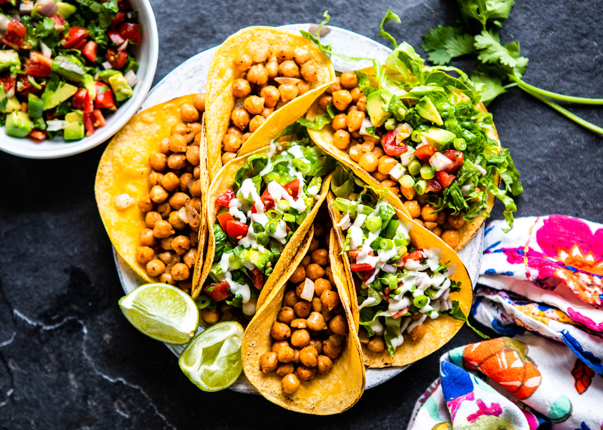 Delicious chickpea tacos on corn tortilla shells, ready to serve.