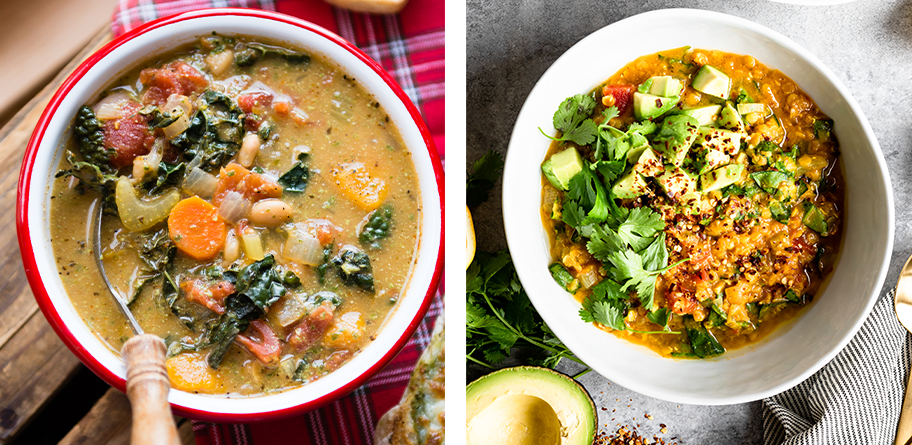 Collage of two different bowls of soups.