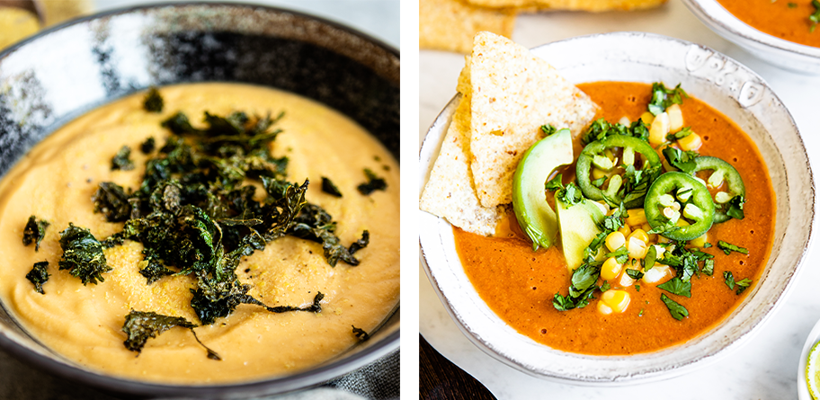Collage of two different bowls of soups.