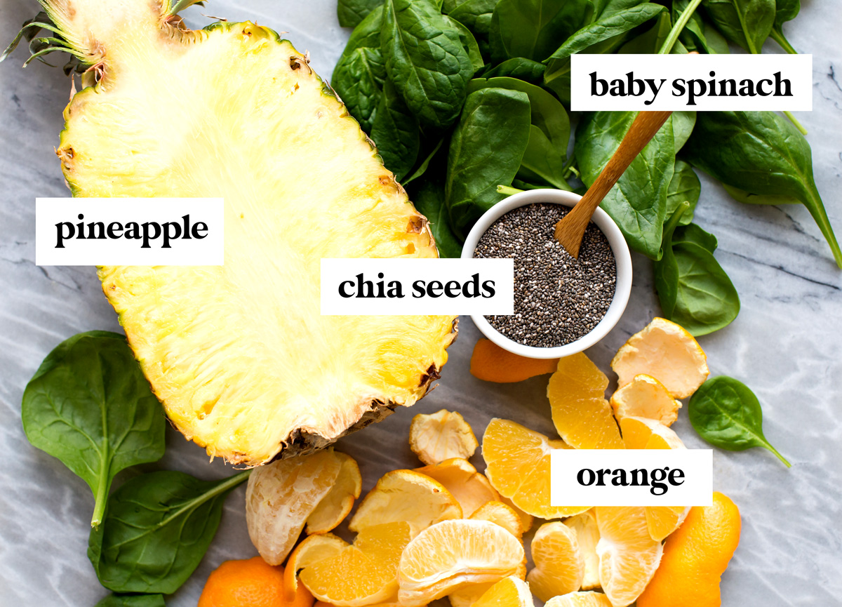 Ingredients to make chia seed smoothie on marble counter.