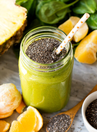 Chia seed smoothie with oranges, pineapple and spinach.