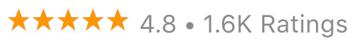Picture of five stars that says \"4.8 - 1.6k ratings.\"