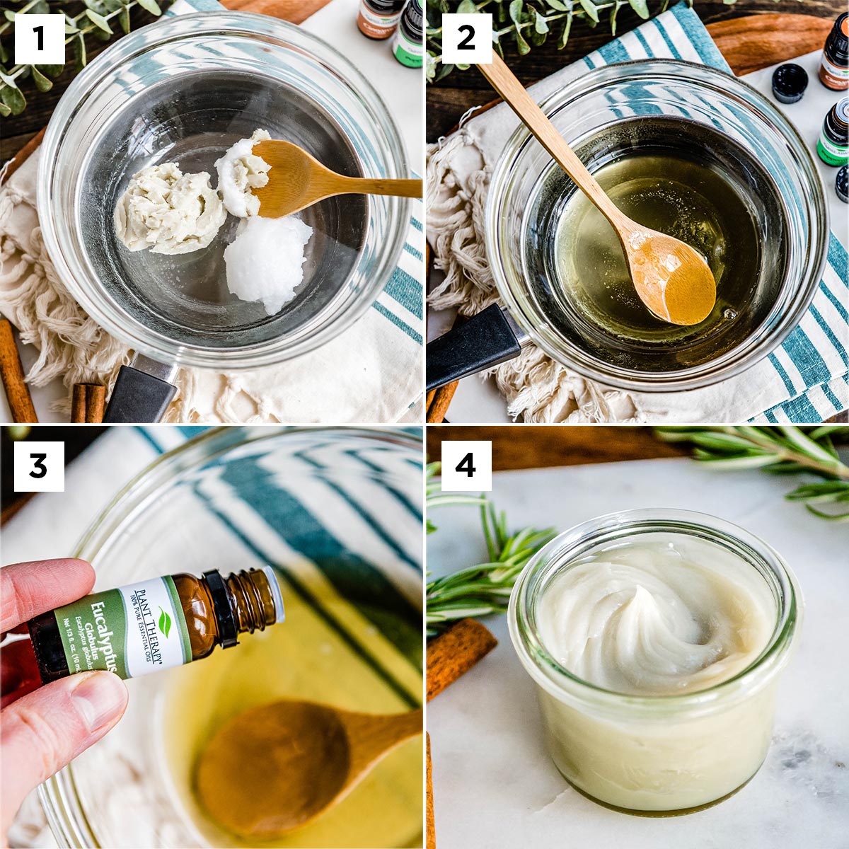 Collage of making vapor rub including melting coconut oil and shea butter, then adding essential oils.