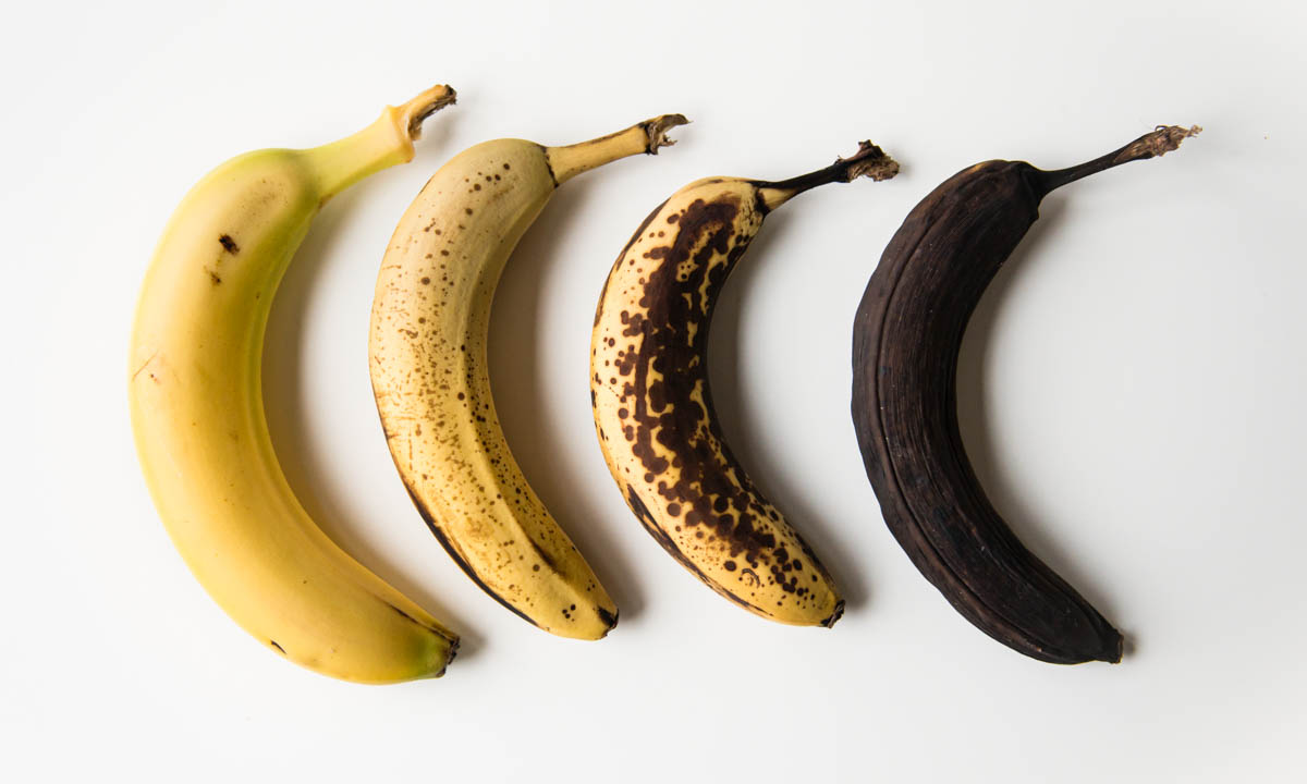 Progression of bananas getting ripe on counter