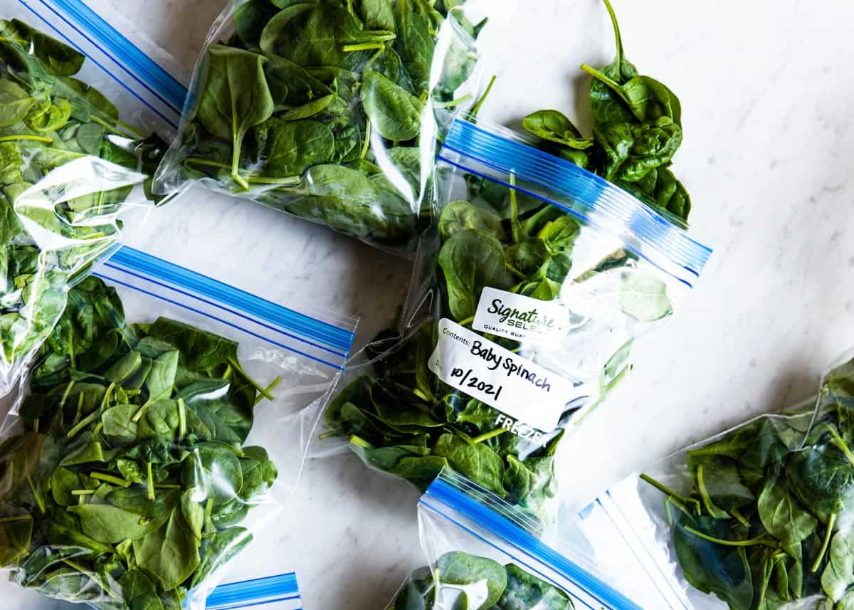Bags of spinach to show how to freeze spinach.