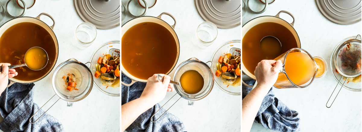 Collage of person moving vegetable stock from a pot into other containers.