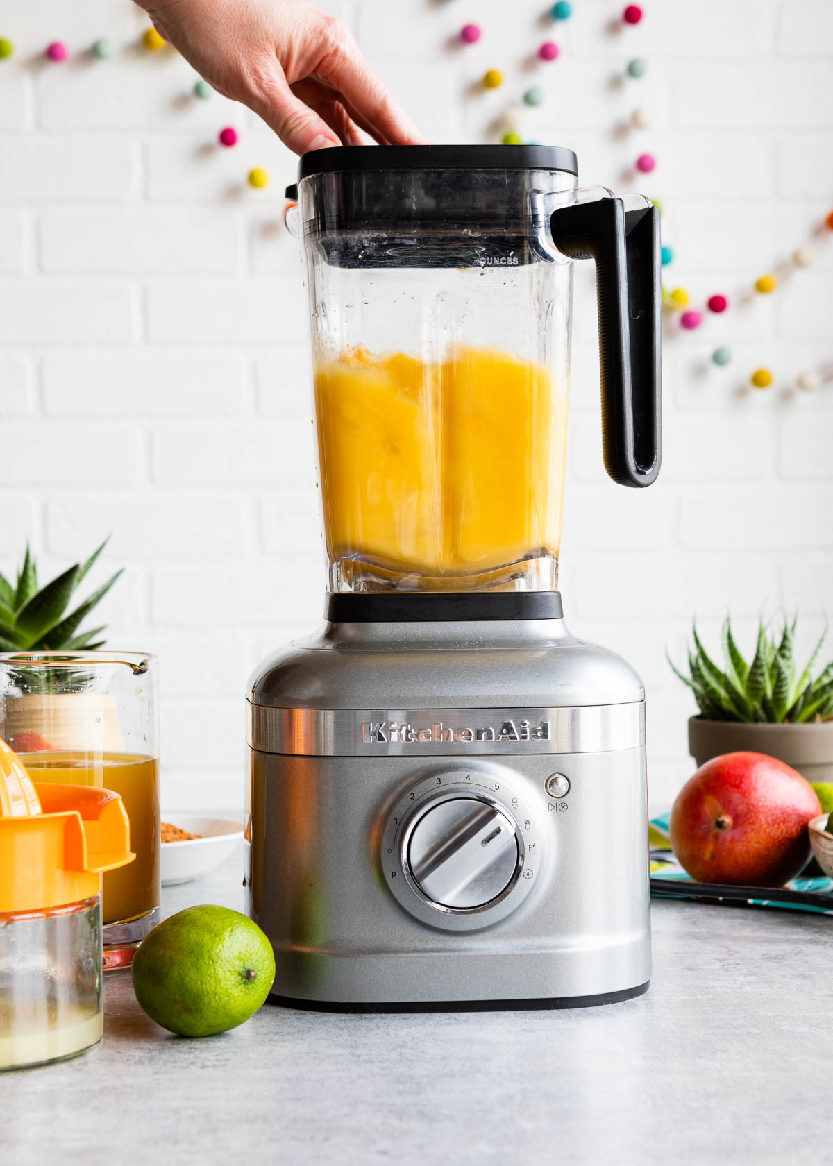 Mangonada recipe blending in a blender. 
