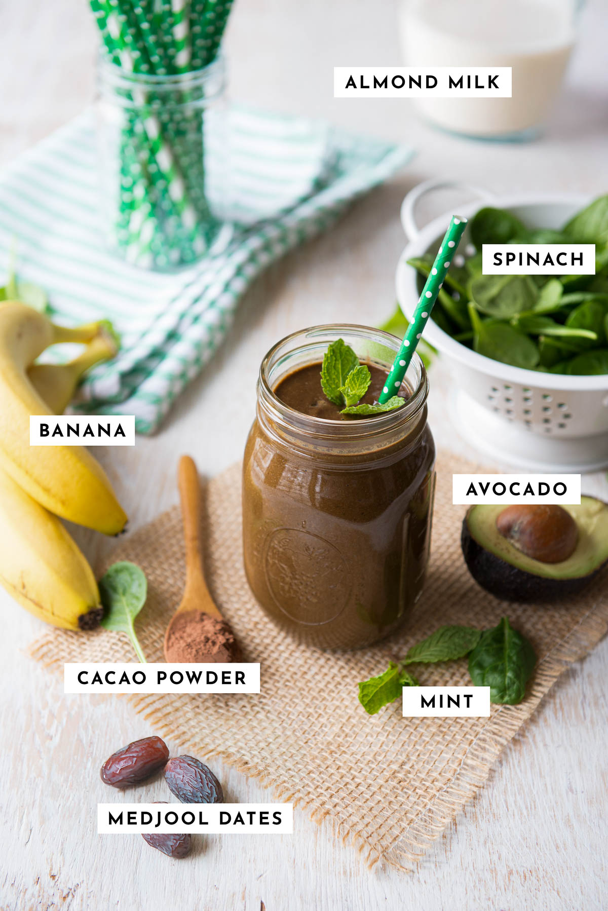 Ingredients for mint chocolate chips smoothie including mint leaves, banana, avocado, Medjool dates, and cocoa powder.