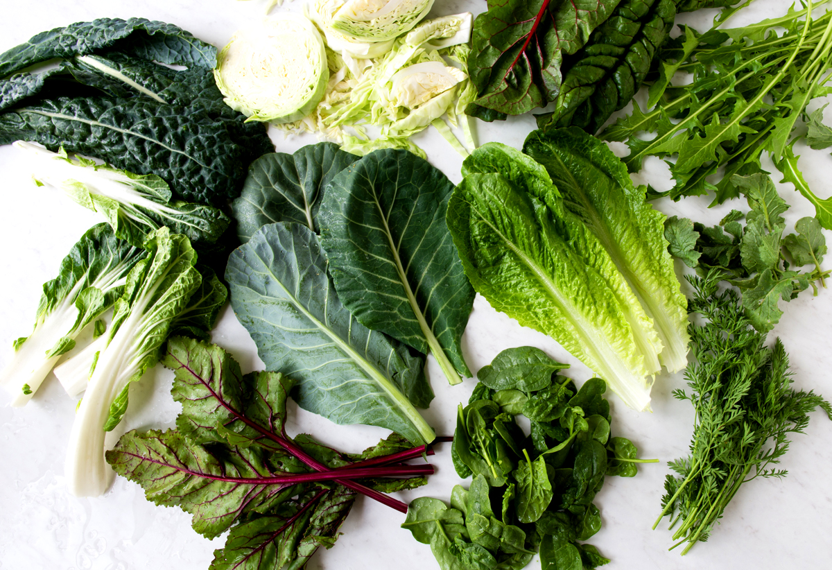 Dark leafy greens including bok choy, kale, cabbage, chard, arugula, carrot tops, romaine, collard, beet tops and spinach.