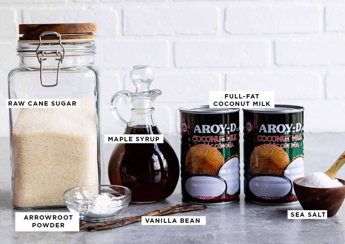 Ingredients for vegan ice cream including raw cane sugar, arrowroot powder, maple syrup, and coconut milk.
