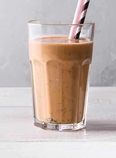 Glass of a delicious chocolate weight loss shake for a healthy breakfast smoothie.